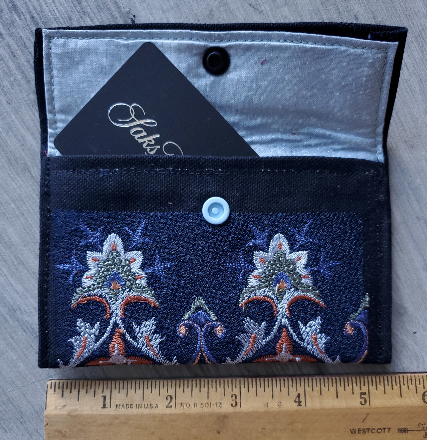 small-tapestry-navy-rust-wallet-open-Jen's-Bag-embroidered-bag